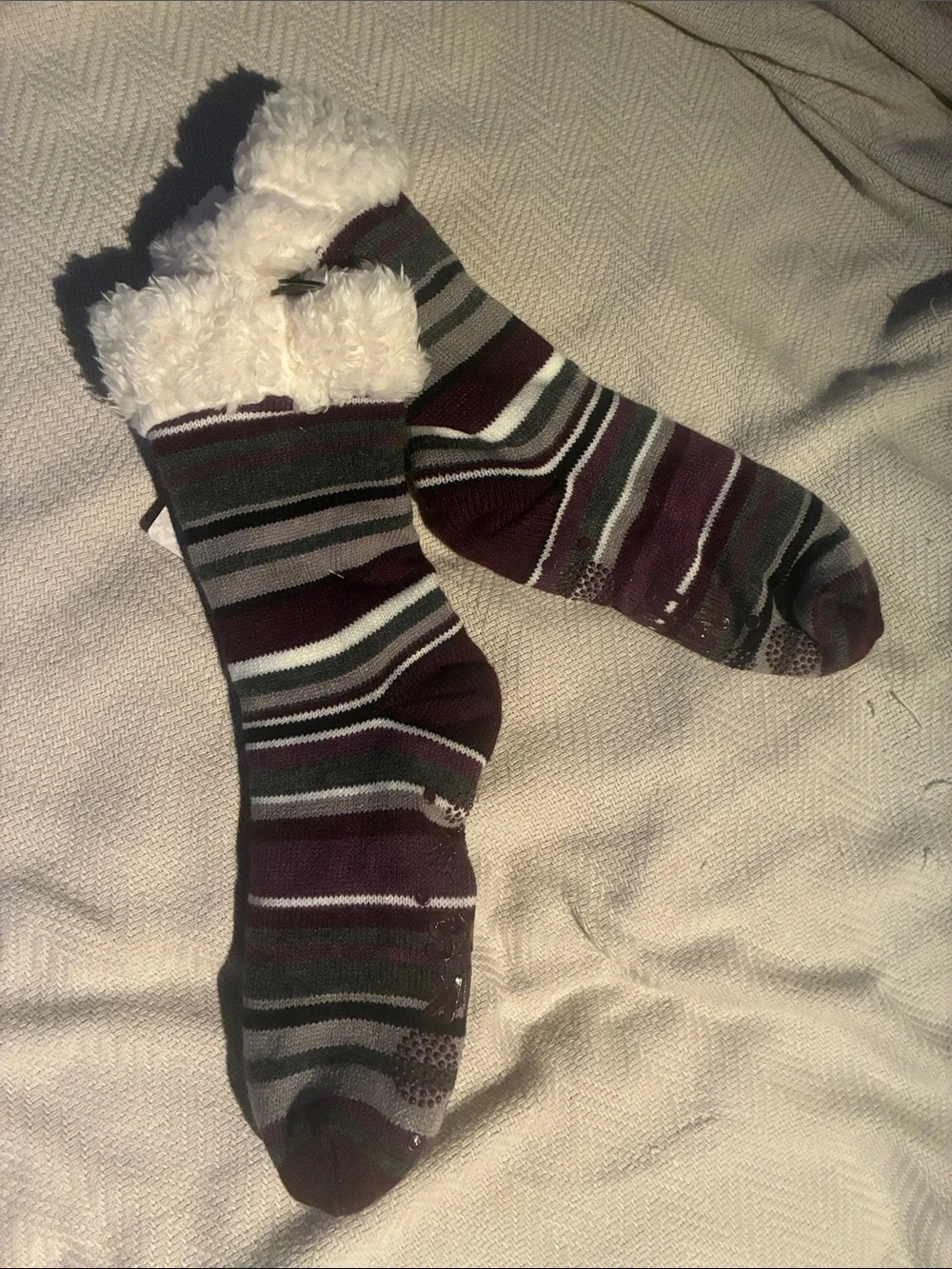 Muk Luks Plush-Lined Striped Cabin Socks - Purple, Gray, White
